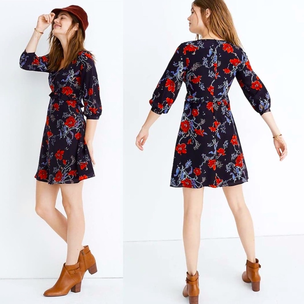 🌺Madewell Floral Ruffle 3/4 Sleeve Silk Mini Dress, Black/Red/White, Size 8